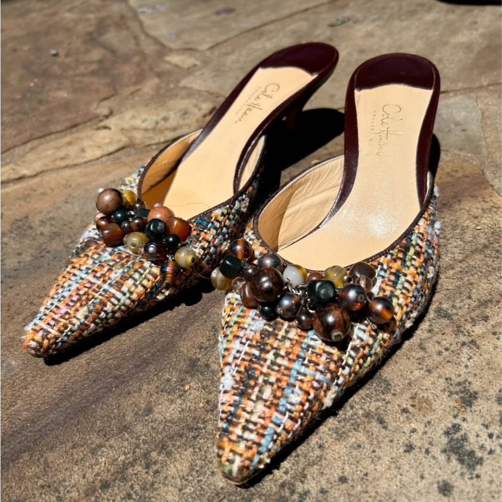 Cole Haan Multicolor Tweed Pointed Beaded Mules - Brown & Green Accents